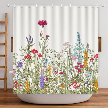 Shower Curtain Floral, Summer Shower Curtain Sage Green Flowers Plant Herbs Shower curtains for Bathroom with Hooks Waterproof Washable Farmhouse Home Decor Botanical Wildflowers Bath Curtains