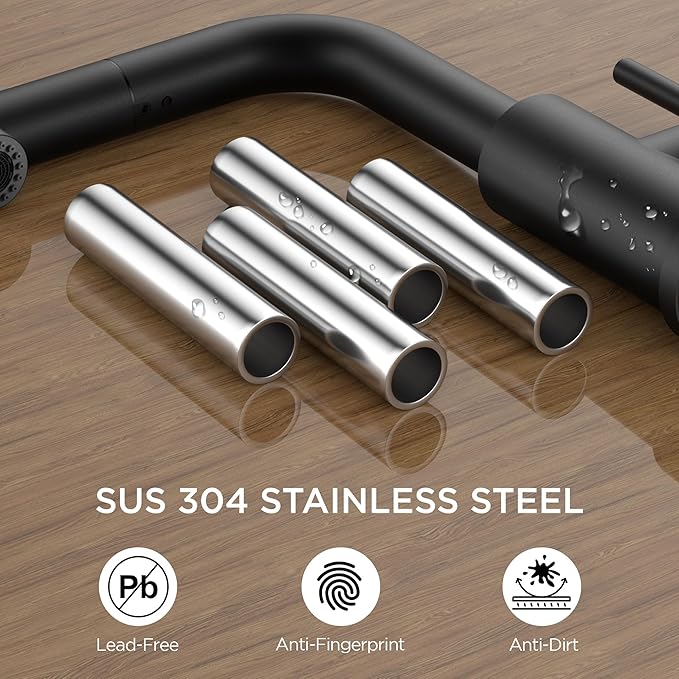 FORIOUS Modern Black Bar Sink Faucet, Stainless Steel Single Handle Small Pre Kitchen Sink Faucet with Pull Out Sprayer, 360° Swivel Spout L-Shaped Design Suitable for Camper Outdoor Bathroom RV