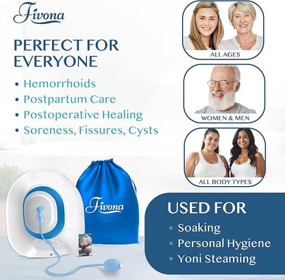 Fivona Sitz Bath for Toilet Seat with Massage Hand Flusher and Storage Bag; Postpartum Care and Hemorrhoid Treatment; BPA Free V Steam Kit; Perfect for Perineal Soak and Portable Bidet