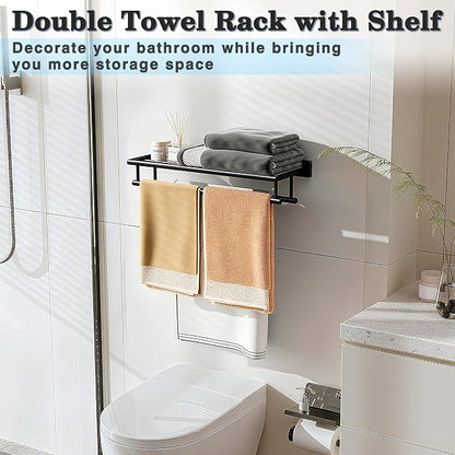 Alise Double Towel Rack for Bathroom Wall Mounted 20 Inch,Matte Black | SUS304 Stainless Steel Towel Rack with Shelf,Bathroom Tower Holder Towel Shelf with Double Towel Bars for Bath Kitchen