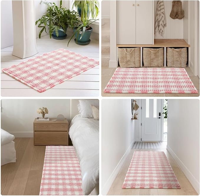 TYUU Waffle Bath Mat, Small Cute Bathroom Rug Non Slip, 24x16 Pink & White | Super Absorbent Quick Dry Bath Rug, Non-Slip Backing, Soft Waffle Washable Farmhouse Bathroom Mats, Tub, Shower & Home Decor