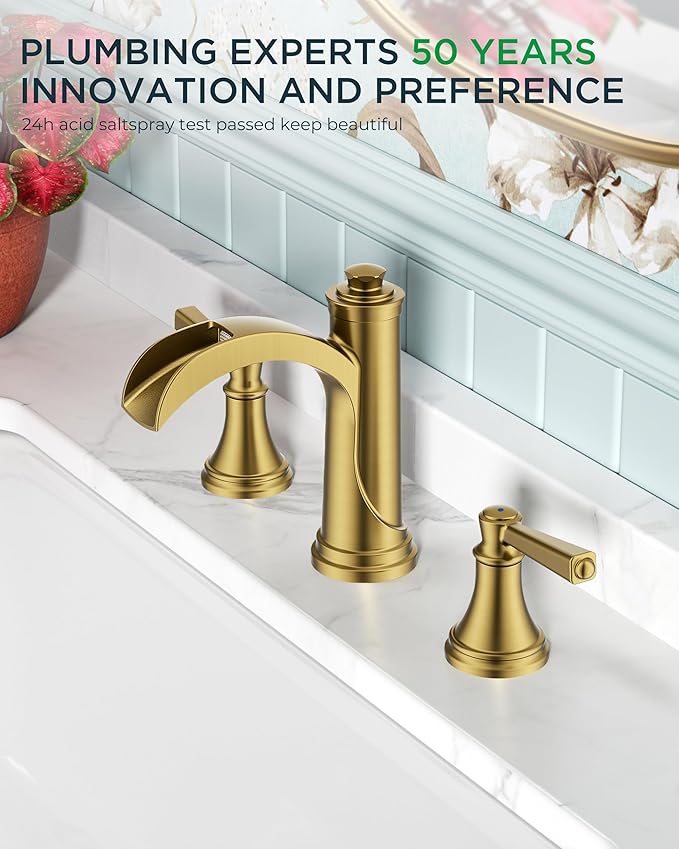 FORIOUS Brushed Gold Bathroom Faucet 3 Hole Widespread, Two Handle Antique Brass Waterfall Bathroom Faucet Gold 3 Hole for Vanity with Metal Drain Kit and Pre-Assembled CUPC Hose and All Tools
