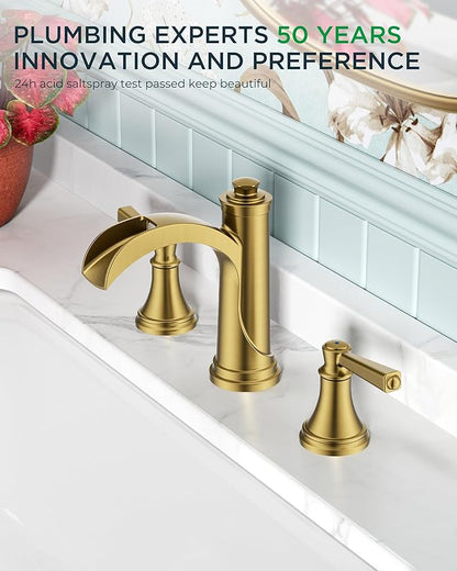 FORIOUS Brushed Gold Bathroom Faucet 3 Hole Widespread, Two Handle Antique Brass Waterfall Bathroom Faucet Gold 3 Hole for Vanity with Metal Drain Kit and Pre-Assembled CUPC Hose and All Tools