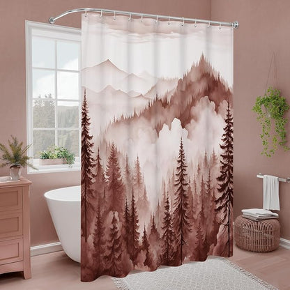Litabel Burgundy Small Stall Misty Pine Forest Shower Curtain 36 x 72, Mountain Foggy Woodland Scenery Tree Narrow Half Size Shower Curtains for Bathroom, Abstract Waterproof Nature-Themed Decor