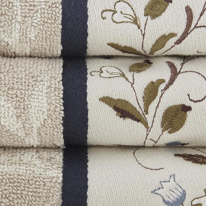 Madison Park Serene 100% Cotton Bath Towel Set Luxurious Floral Decorative Towels for Bathroom Embroidered Cotton Jacquard Design Soft Highly Absorbent for Shower 600 GSM, Multi-Sizes, Navy 6 Piece | Luxurious Floral Decorative Towels for Bathroom, Emb...