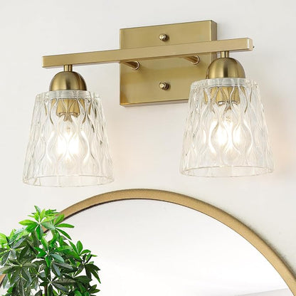 Mecgirn Stainless Steel Bathroom Vanity Light Over Mirror, 2 Light Brushed Gold Bathroom Light Fixtures with Textured Glass Shades, Modern Vanity Lighting Wall Mount