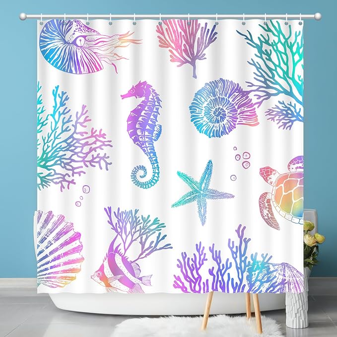 Nautical Coastal Shower Curtain, Beach Shower Curtains Sea Horse Coral Turtle Starfish Seashell Conch Ocean Themed Kids ShowerCurtain Set Polyester Fabric Machine Washable Decor Bath curtains