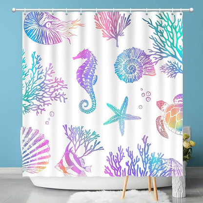 Nautical Coastal Shower Curtain, Beach Shower Curtains Sea Horse Coral Turtle Starfish Seashell Conch Ocean Themed Kids ShowerCurtain Set Polyester Fabric Machine Washable Decor Bath curtains