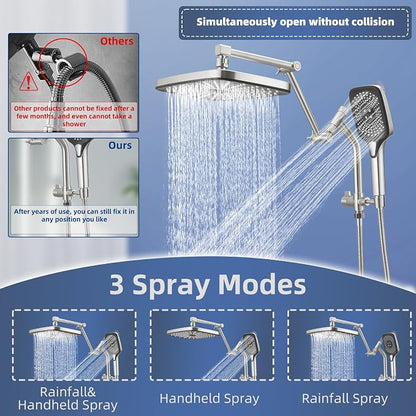 12" High Pressure Rain/Rainfall Shower Heads With Handheld Spray Combo (3+1 Settings & Built-in Power Wash Mode), Double/Dual Shower Head With Handheld - Height/Angle Adjustable(Brushed Nickel)