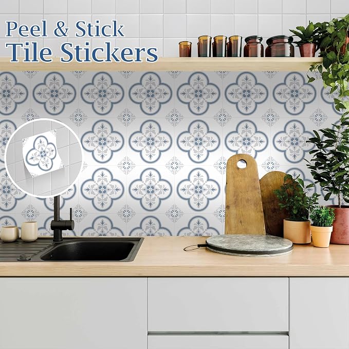 Peel & Stick Tile Stickers 12 PCS Self Adhesive Backsplash Decorative Wall Stickers for Kitchen Bathroom Tile Decals Waterproof & Removable 6" x 6" (Gray Flower)