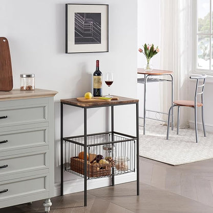 VECELO 2 Sets Tall End Table with Metal Basket,Nightstand with Shelf Storage Organizer, Wood Night Stand with Metal Frame, Waterproof for Bedroom, Living Room, Bathroom