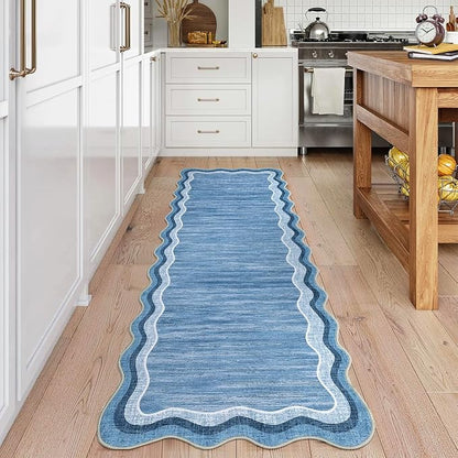 Garvee Washable Runner Rug 2x6 Modern Solid Scalloped Kitchen Runner Blue | Modern Long Runner Rug for Entryway Bedroom, Non Slip Low Pile Solid Runner Rugs for Entryway, Nursery Rugs Runner