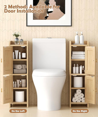 Rattan Small Bathroom Cabinet with 2 Doors, 7.9''D x 7.9''W Narrow Toilet Paper Storage Cabinet, Bathroom Organizer for Small Spaces, Wooden Slim Corner Unit with Adjustable Shelf, Natural Oak