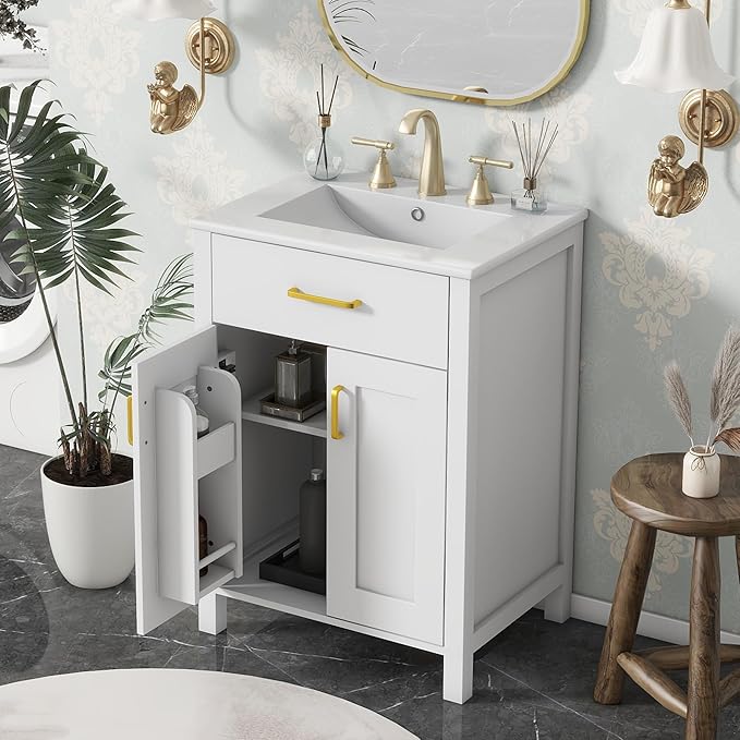 LUMISOL 24" Bathroom Vanity with Sink, Solid Wood Bathroom Cabinet with Tip-Out Drawer, Storage Racks, Soft-Close Door & Adjustable Shelves, Ceramic Sink, White