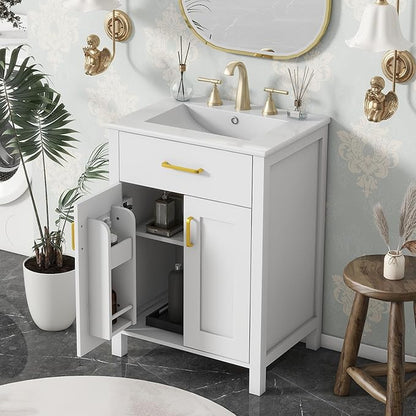 LUMISOL 24" Bathroom Vanity with Sink, Solid Wood Bathroom Cabinet with Tip-Out Drawer, Storage Racks, Soft-Close Door & Adjustable Shelves, Ceramic Sink, White