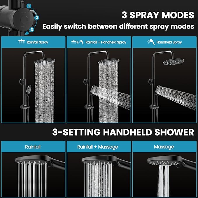 Hurran Shower System with 10 Inch Rain Shower Head and Handheld Sprayer, 3-Function Wall Mounted Bathroom Shower Faucet Set Height Adjustable Holder, Modern Shower Trim Kit Valve Included, Matte Black