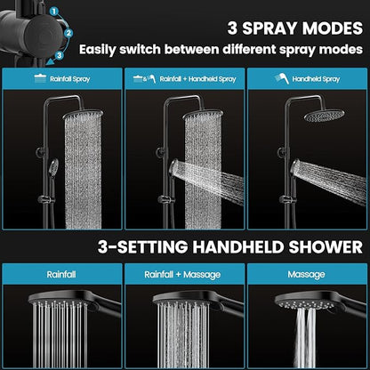 Hurran Shower System with 10 Inch Rain Shower Head and Handheld Sprayer, 3-Function Wall Mounted Bathroom Shower Faucet Set Height Adjustable Holder, Modern Shower Trim Kit Valve Included, Matte Black