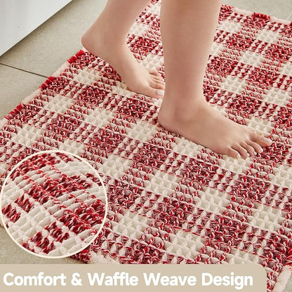 TYUU Small Christmas Bathroom Rug, Cute Waffle Bath Mat, 24x16 Red & White | Super Absorbent Quick Dry Bath Rug, Non-Slip Backing, Soft Waffle Washable Farmhouse Bathroom Mats, Tub, Shower & Home Decor