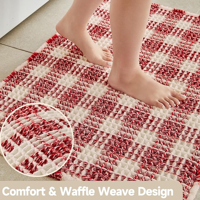 TYUU Christmas Bathroom Rugs, Cute Waffle Bath Mat, 36x24 Red & White | Super Absorbent Quick Dry Bath Rug, Non-Slip Backing, Soft Waffle Washable Farmhouse Bathroom Mats, Tub, Shower & Home Decor