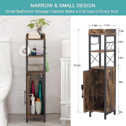 VECELO Small Bathroom Cabinet,Slim Toilet Paper Holder with Door&2 Shelves, Upgraded Narrow Storage Organizer for Restroom Bathroom Tiny Space,Metal Scroll Fenced Top Waterproof Coating,Brown