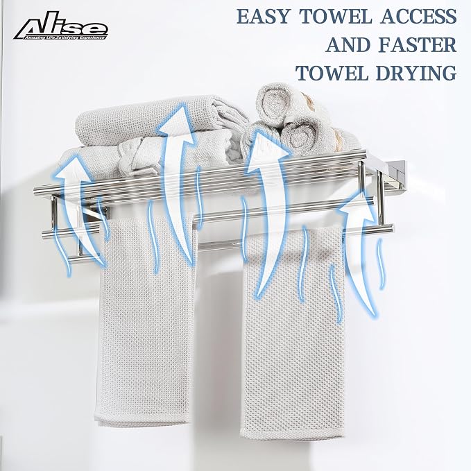 Alise Double Towel Rack for Bathroom Wall Mounted 24 Inch,Polished Chrome | Bathroom Tower Holder Towel Shelf with Double Towel Bars,SUS304 Stainless Steel Towel Rack with Shelf