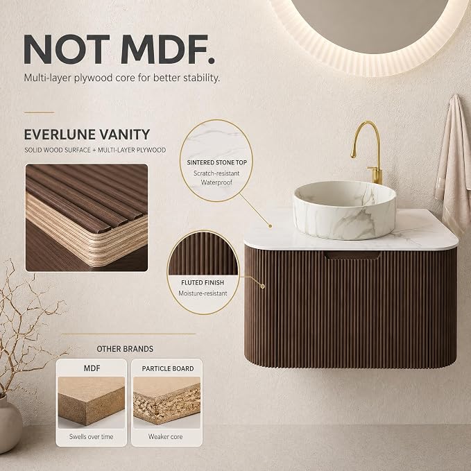 30 Inch Bathroom Vanity with Sink, Floating Wall Mounted Single Sink Vanity, Dark Walnut Curved Fluted Front, Stone Top, Marble-Look Round Vessel Basin, Pre-Assembled