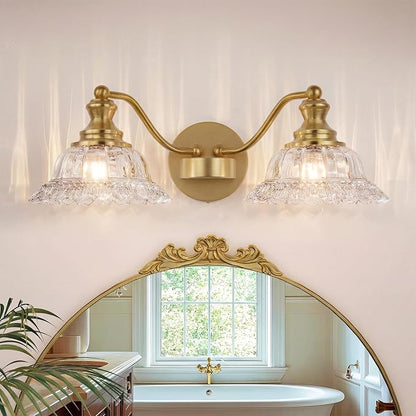 2 Lights Bathroom Vanity Light Fixtures, Vintage Brass Vanity Lights for Bathroom, Farmhouse Antique Light Fixtures Over Mirror with Crystal Glass Shade