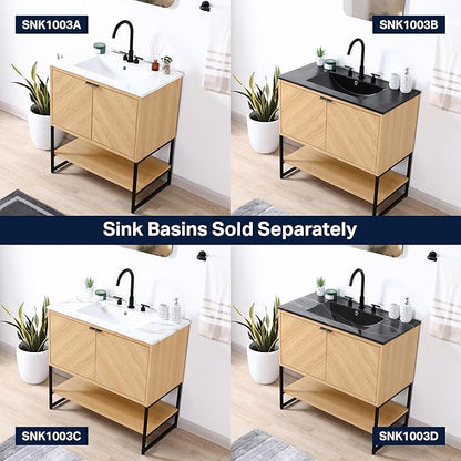 JONATHAN Y VAN1015A Juhl 35 in. W x 18 in. D x 33 in. H Chevron-Front Modern Minimalist 2-Shelf Bathroom Vanity Cabinet Only with Soft Closing Doors (Sink Basin Not Included), Oak