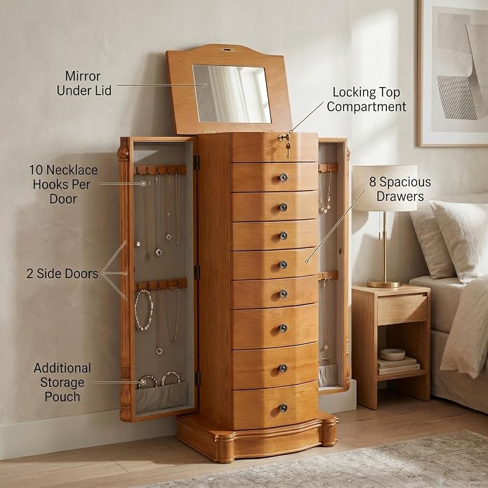 Hives and Honey Roman Locking Jewelry Armoire – 8 Drawer Organizer with Mirror, Side Necklace Hooks, Ring Rolls and Anti-Tarnish Lining