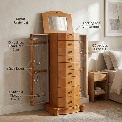 Hives and Honey Roman Locking Jewelry Armoire – 8 Drawer Organizer with Mirror, Side Necklace Hooks, Ring Rolls and Anti-Tarnish Lining