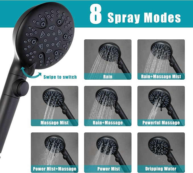 Rain Shower Heads with Handheld Spray Combo,12In Fixed Showerhead&8-Mode Handheld Shower Head with 79 Inches Extra-long Stainless Steel Hose (Black)