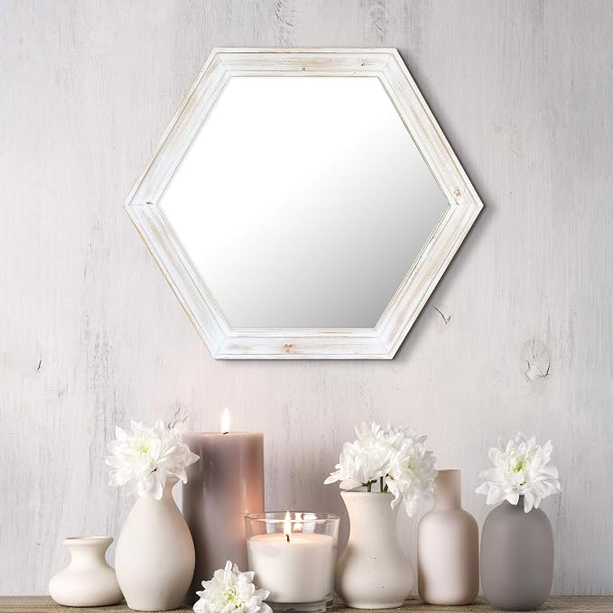 Stonebriar Decorative 24" Hexagon Wall Mirror with Worn White Wood Frame and Attached Hanging Bracket, Decorative Country Rustic Decor for the Living Room, Bedroom, Bathroom, Hallway, and Entryway