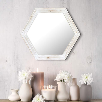 Stonebriar Decorative 24" Hexagon Wall Mirror with Worn White Wood Frame and Attached Hanging Bracket, Decorative Country Rustic Decor for the Living Room, Bedroom, Bathroom, Hallway, and Entryway
