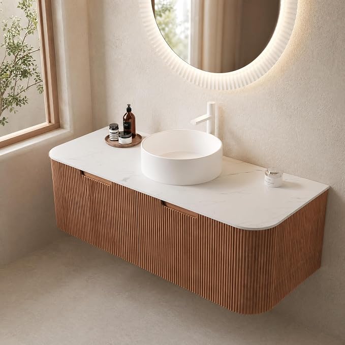48 Inch Bathroom Vanity with Sink, Floating Wall Mounted Single Sink Vanity, Natural Woodgrain Curved Fluted Front, Stone Top, Pure White Round Vessel Basin, Pre-Assembled