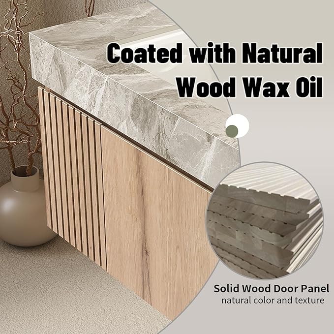 Bathroom Vanity with Sink 30 Inch, Floating Bathroom Vanity Sink Cabinet with Drawer and Door, Undermount Sink & Light Gray Sintered Stone Top, Pre-Assembled, White Oak