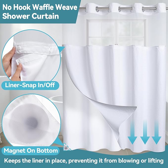 Conbo Mio Extra Long No Hook Waffle Weave Shower Curtain with Snap in Liner Set, Hotel Luxury White Shower Curtains for Bathroom with See Through Top Window, Waterproof, Washable 71W x 84H