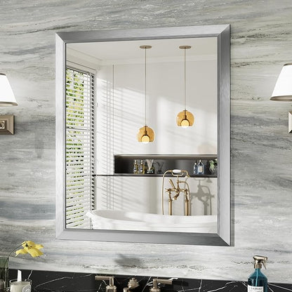 36x30 Inch Brushed Silver Bathroom Mirror for Wall, Thick Metal Framed Rectangle Mirrors for Over Sink, Bedroom, Living Room, Entryway, Anti-Rust, HD Tempered Glass
