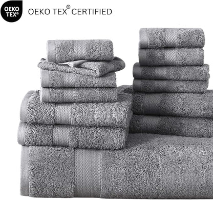 LANE LINEN Towel Set Soft Absorbent Quick Dry 100% Cotton 24 Piece - Grey | Cotton Bath Towels - Lightweight & Breathable, Fade-Resistant Color, Classic Terry Weave, Densely Woven & Durable