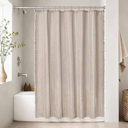 Seenus Boho Farmhouse Linen Shower Curtain with Tassels, Tan Brown Heavyweight Soft Fabric Shower Curtain Striped, 72 x 72 Inch Taupe Water Repellent Rustic Country Bathroom Curtain Wrinkle-Free