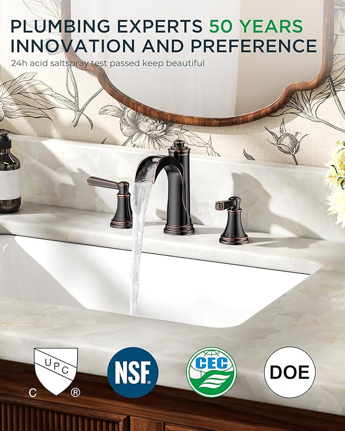 FORIOUS Oil Rubbed Bronze Bathroom Faucet 3 Hole or 8 Inch Widespread Tap, 2 Handle Brass Waterfall Faucet for Bathroom Sink 3 Hole with Mteal Pop-up Drain and CUPC Supply Line, for 6-12” ORB Vanity