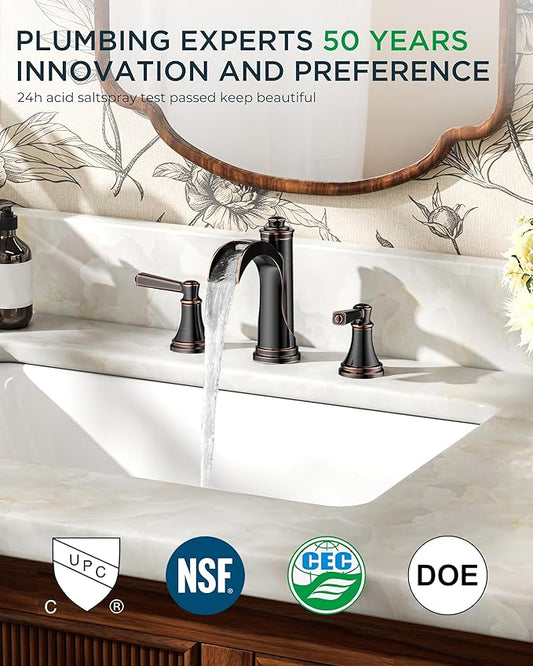 FORIOUS Oil Rubbed Bronze Bathroom Faucet 3 Hole or 8 Inch Widespread Tap, 2 Handle Brass Waterfall Faucet for Bathroom Sink 3 Hole with Mteal Pop-up Drain and CUPC Supply Line, for 6-12” ORB Vanity