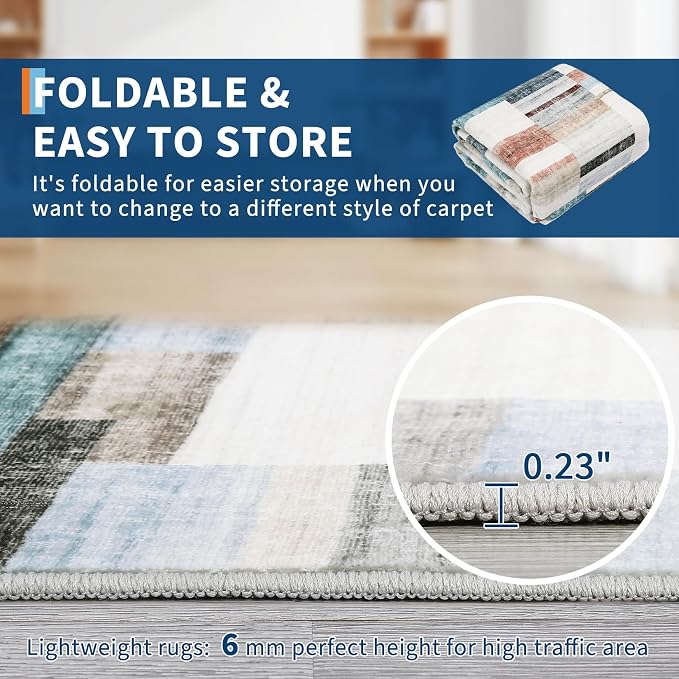 Modern Area Rugs 5x7 Washable Geometric Throw Rugs with Non-Slip Backing, Non-Shedding Contemporary Accent Carpet, Low Pile Floor Cover for Bedroom, Office, Multi-Color