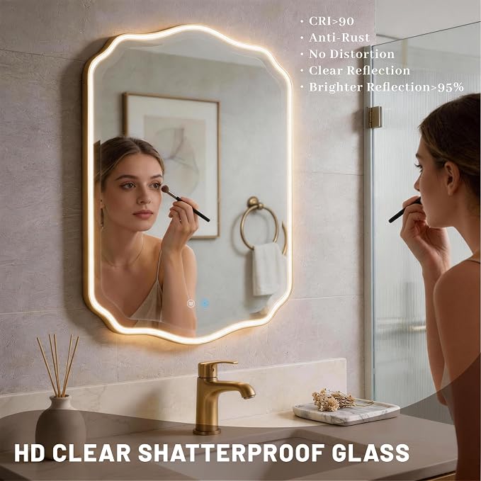 POZINO 36"x24" Scalloped LED Bathroom Mirror with Lights, Gold Metal Frame | Beveled Edge, 3 Color Dimmable, Anti-Fog, Memory Function, IP65 Waterproof, Smart Bathroom Vanity Mirror with Front Lights