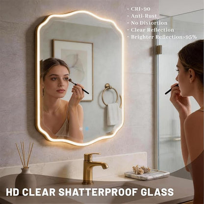 POZINO 36"x24" Scalloped LED Bathroom Mirror with Lights, Gold Metal Frame | Beveled Edge, 3 Color Dimmable, Anti-Fog, Memory Function, IP65 Waterproof, Smart Bathroom Vanity Mirror with Front Lights