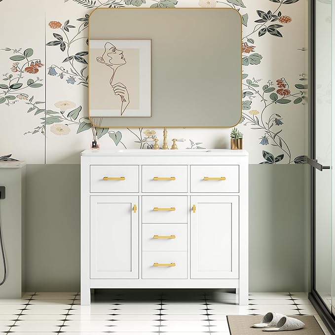 36 Inch White Bathroon Vanity with Sink,Modern Bathroom Sink Cabinet 36" with 4 Drawers & 2 Cabinets,Integrated Countertop,Gold Handles,Soft Closing,Solid Wood Frame