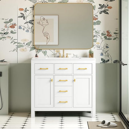 36 Inch White Bathroon Vanity with Sink,Modern Bathroom Sink Cabinet 36" with 4 Drawers & 2 Cabinets,Integrated Countertop,Gold Handles,Soft Closing,Solid Wood Frame