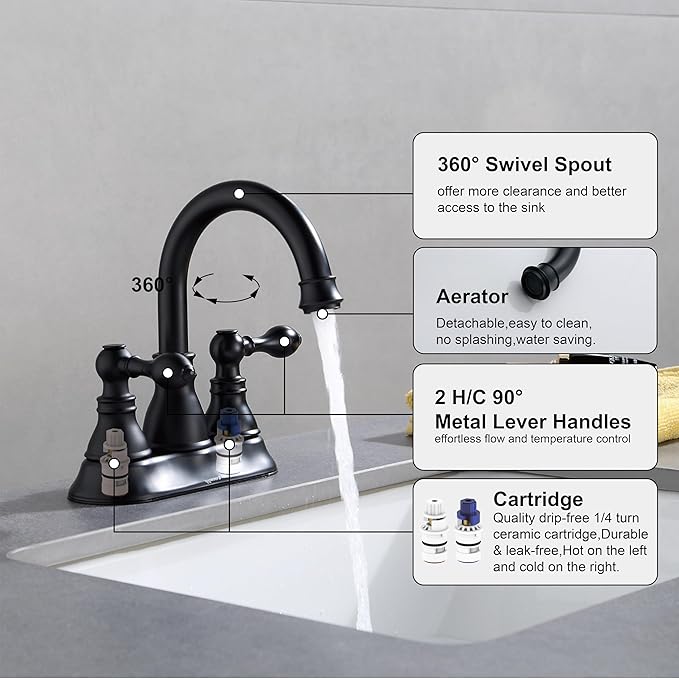 Two Handle Bathroom Sink Faucet - Matte Black 3 Hole with Overflow Pop up Drain, 360 Swivel Spout, Centerset Lavatory Faucet, F-4501-MT