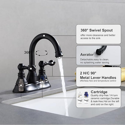 Two Handle Bathroom Sink Faucet - Matte Black 3 Hole with Overflow Pop up Drain, 360 Swivel Spout, Centerset Lavatory Faucet, F-4501-MT