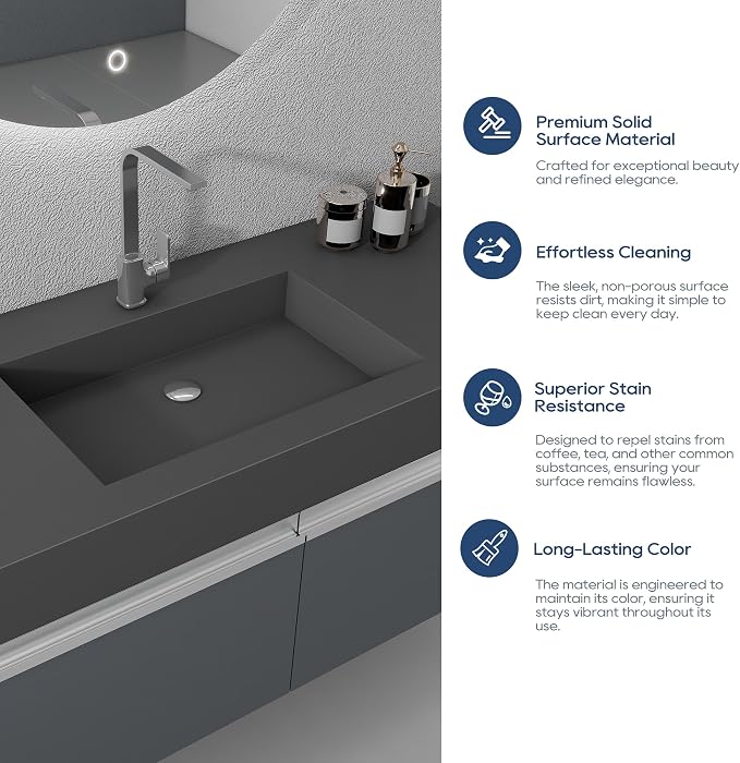 SJ Star&Jane 48" x 19" Solid Surface Bathroom Sink, Wall-Mount or Countertop Vessel Sink, Rectangle Floating Vanity Sink in Gray, Durable Modern Design