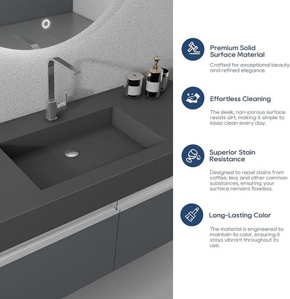 SJ Star&Jane 48" x 19" Solid Surface Bathroom Sink, Wall-Mount or Countertop Vessel Sink, Rectangle Floating Vanity Sink in Gray, Durable Modern Design